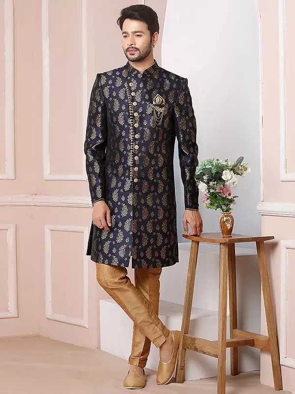 Elegant Jacquard Silk Indo Western Sherwani With Luxe Dupion Art Silk Aligarhi Pant For Wedding Sangeet Glam