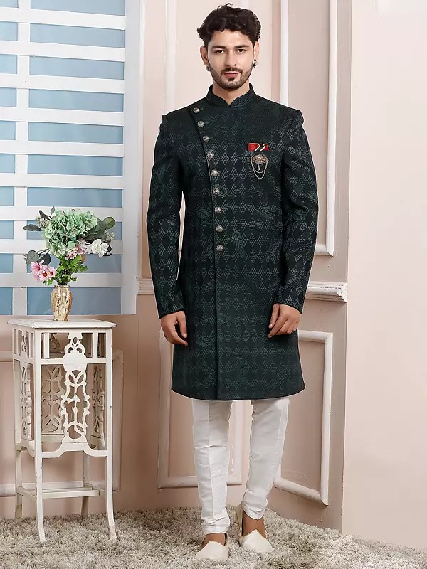 Luxe Velvet Jacquard Silk Indo Western Sherwani Set Paired With Dupion Art Silk Aligarhi Pant For Men