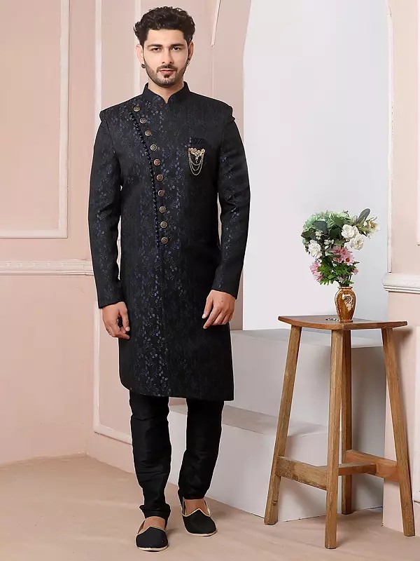 Majestic Imported Jacquard Silk Indo Western Sherwani Paired With Premium Dupion Art Silk Churidar For Groom
