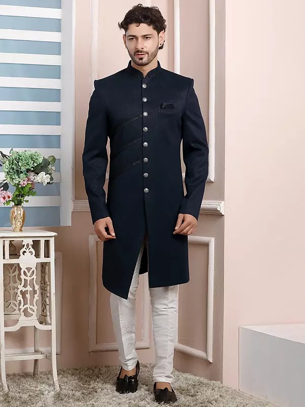 Supreme Imported Jacquard Silk Indo Western Sherwani Paired With Elite Dupion Art Silk Aligadhi Pant For Men