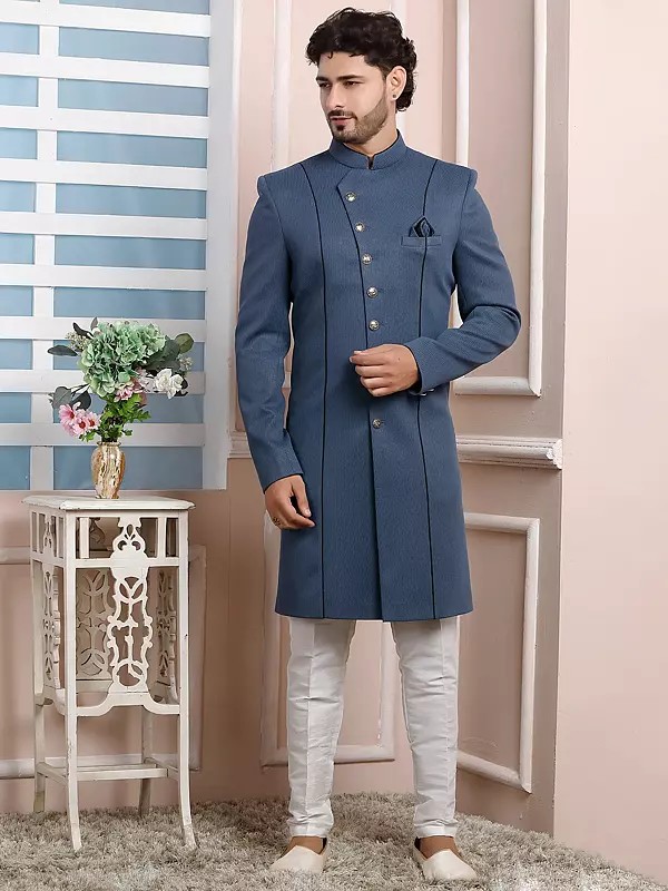 Exquisite Imported Jacquard Silk Indo Western Sherwani Set With Dupion Art Silk Aligadhi Pant For Sangeet Reception