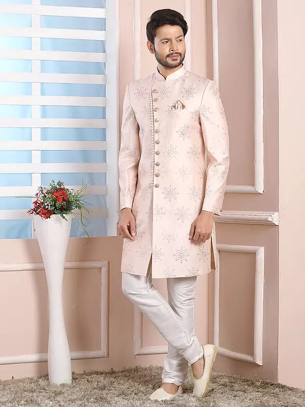 Thread Work Art Silk Indo Western Sherwani Suit With Churidar For Festive Reception Party Occasion Wear