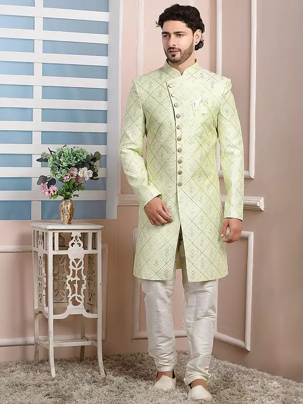 Elegant Thread Work Art Silk Indo Western Sherwani Suit With Churidar Pajama For Stylish Ethnic Celebrations