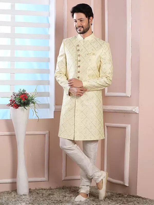 Stylish Art Silk Thread Work Indo Western Sherwani With Churidar Pajama Ideal For Party Reception Festive Events
