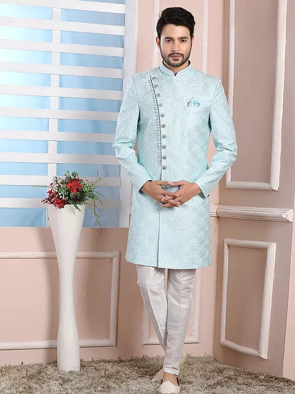 Exquisite Art Silk Thread Work Indo Western Sherwani Featuring Aligadhi Pant For Festive Wedding Affairs