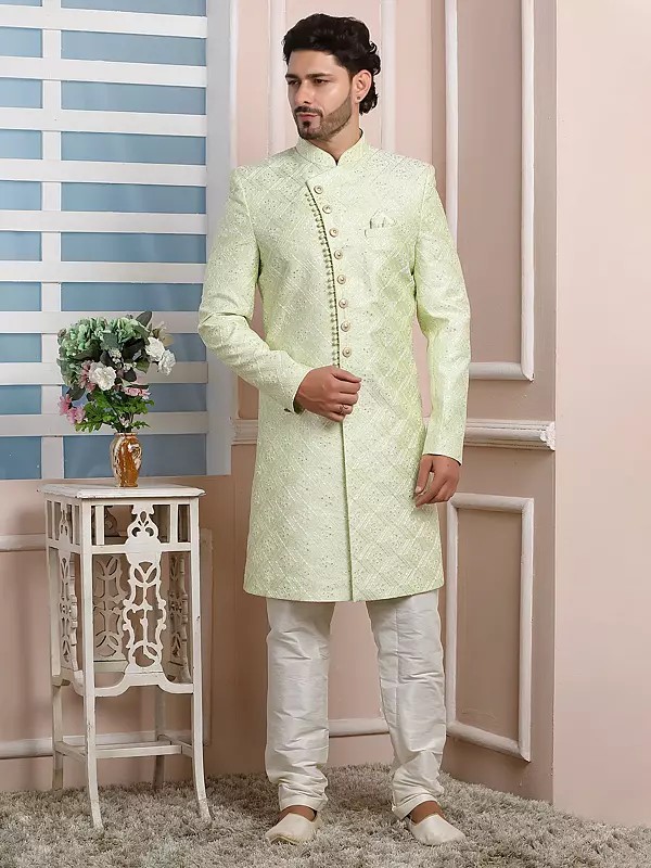 Art Silk Thread Work Indo Western Sherwani Set With Churidar Pajama Perfect For Festive Celebrations