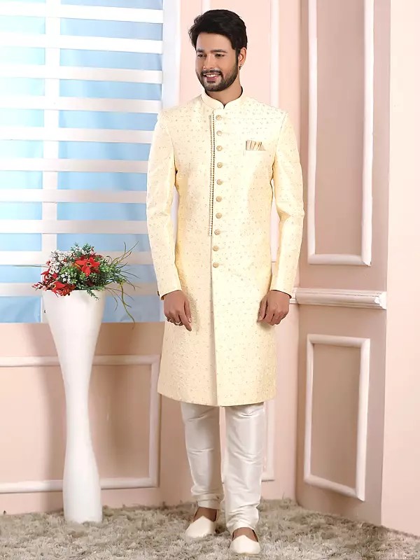 Champagne Art Silk Thread Work Indo Western Sherwani Set With Churidar Pajama For Wedding Sangeet