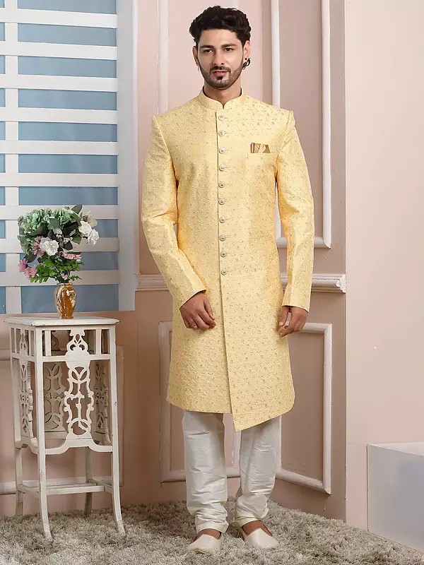 Art Silk Thread Work Indo Western Sherwani Set With Churidar Pajama Perfect For Festive Celebrations