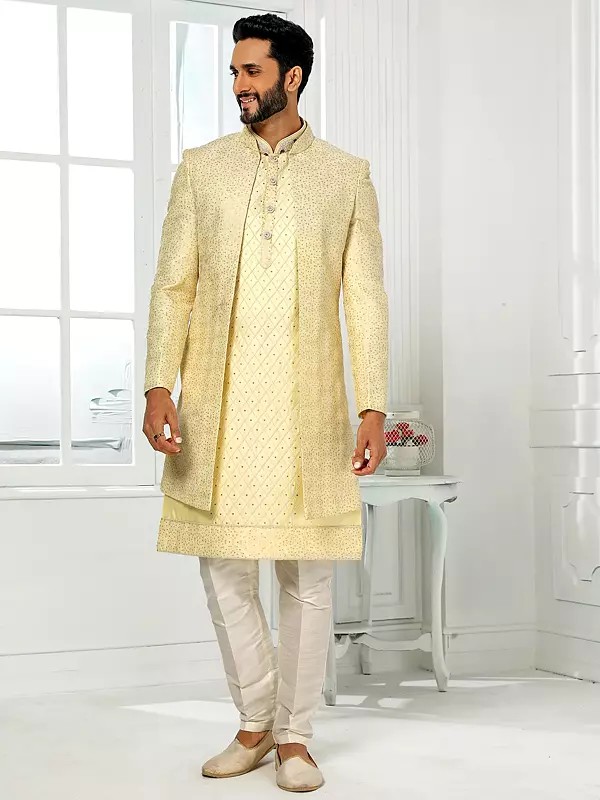 Art Silk Embroidered Three Piece Jacket Suit With Aligadhi Pant Perfect For Sangeet Reception Festive Celebrations