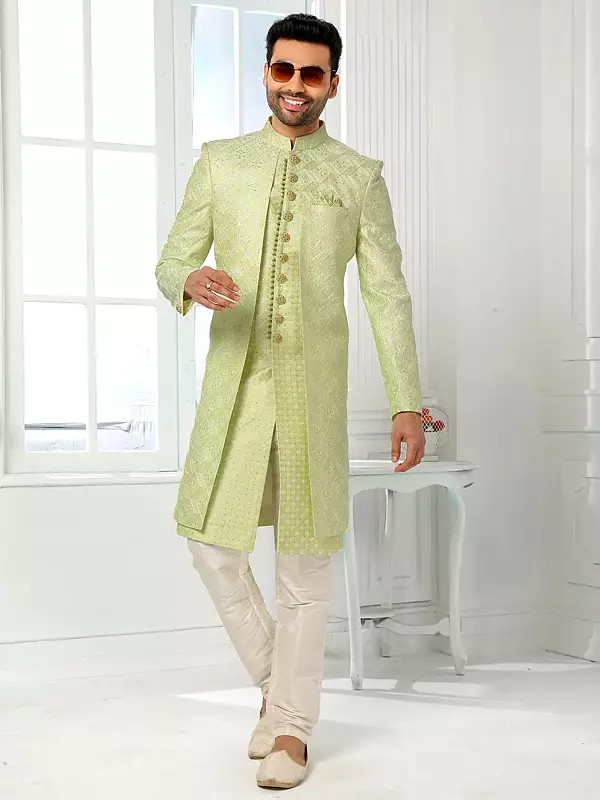 Men's Art Silk Embroidered Indo Western Two Piece Jacket Suit With Aligadhi Pant Perfect For Wedding