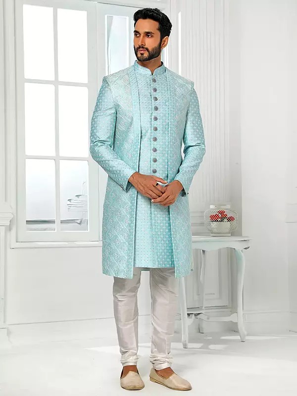 Luxurious Art Silk Embroidered Indo Western Jacket Ensemble With Aligadhi Pant For Men