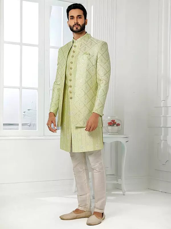 Elegant Art Silk Embroidered Indo Western Jacket Collection With Aligadhi Pant For Premium Wedding Events