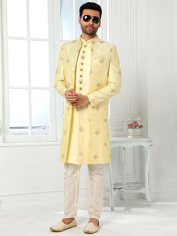 Luxe Art Silk Thread-Embroidered 3-Piece Indo Western Jacket And Aligadhi Pant Set For Elite Festive Occasions