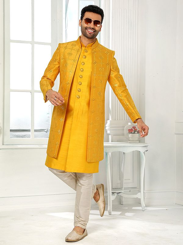 Art Silk Embroidered 3 Piece Indo Western Jacket With Aligadhi Pant For Wedding Festive Celebrations