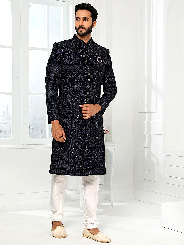 Men's Art Silk Embroidered Sherwani With Churidar Pants For Elegant Wedding Festive Celebrations