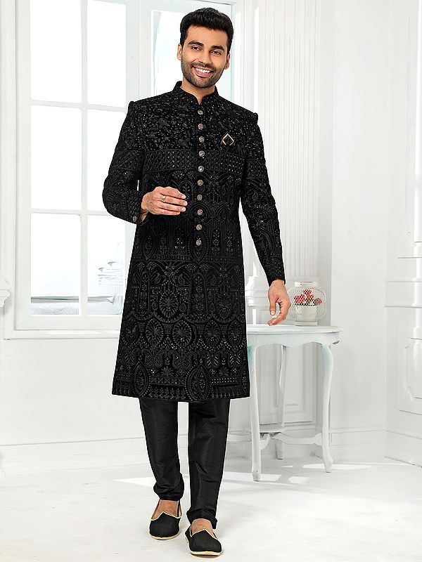 Art Silk Embroidered Sherwani Suit With Churidar Pants For Elegant Wedding Festive Celebrations