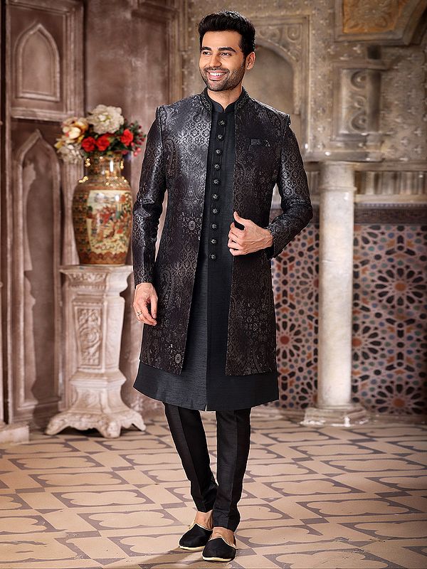 Three Piece Art Silk Embroidered Printed Indo Jacket Set With Aligarhi Pant Suits Wedding And Festive Occasions