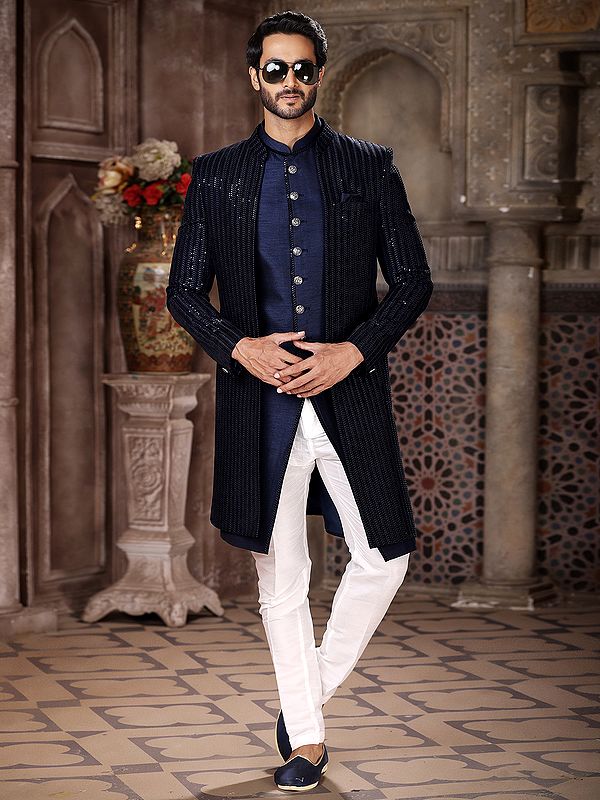 Art Silk Shimmer Sequins Three Piece Indo Jacket Set With Aligarhi Pant Crafts A Premium Ethnic Ensemble For Groom