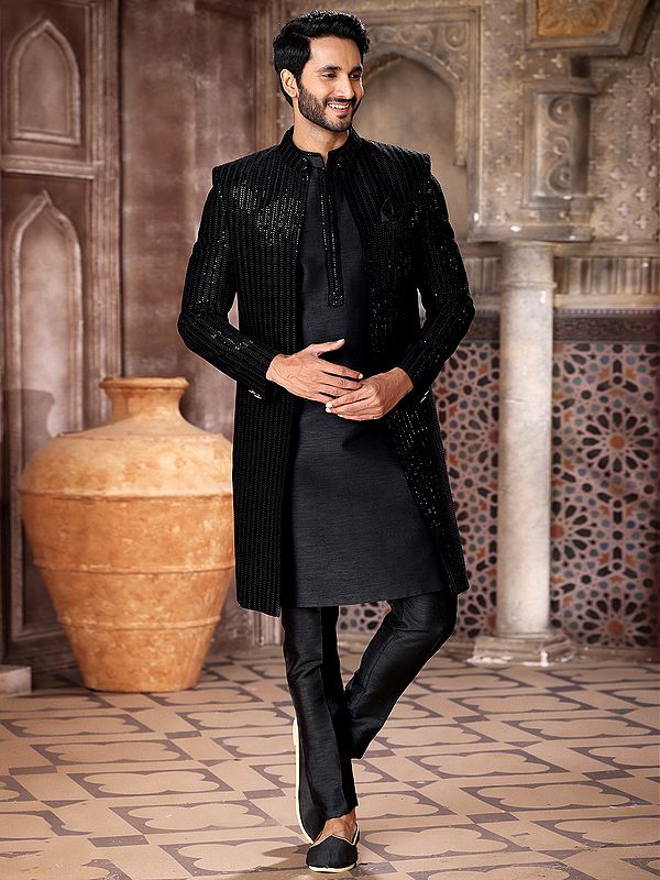 Luxurious Three Piece Sequins Art Silk Indo Jacket Set With Aligarhi Pant Captivates For Wedding Grooms And Festive Elegance