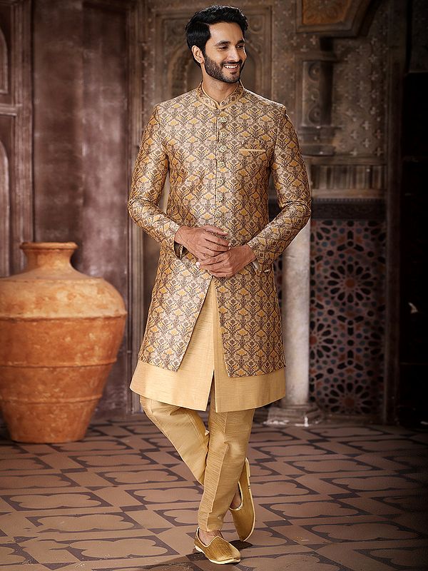 Three Piece Indo Jacket Set In Art Silk With Printed Thread Work And Aligarhi Pant Matches Your Exact Specifications