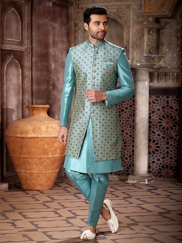 Vibrant Printed Thread Work Art Silk Three Piece Indo Jacket Set With Aligarhi Pant Wedding Groom Wear