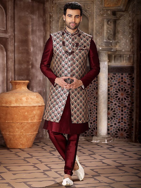 Luxurious Printed Thread Work Art Silk Indo Jacket Set With Aligarhi Pant For Wedding Groom Wear
