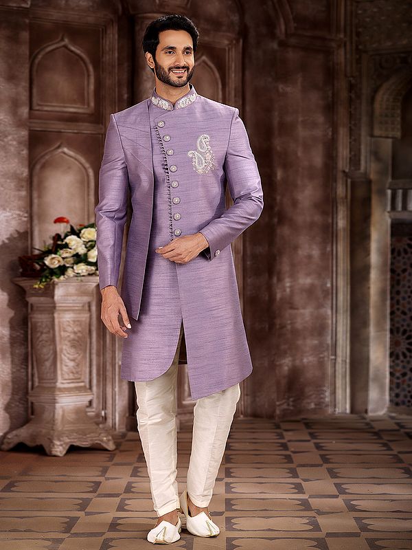 Art Silk Embroidered Sherwani Aligarhi Pant Set Stands Out With Simple Elegance For Wedding Grooms
