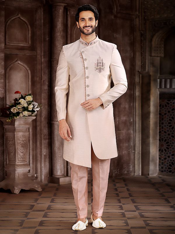 Luxury Embroidered Art Silk Sherwani With Aligarhi Pant For Groom Reception And Festive Celebrations