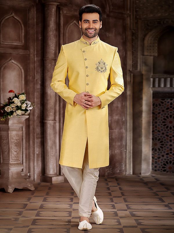 Art Silk Embroidered Sherwani Ensemble With Aligarhi Pant For Indo Western Wedding Sangeet And Reception