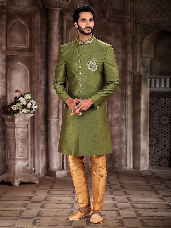 Men's Embroidered Art Silk Sherwani With Aligarhi Pant For Indo Western Wedding Groom Festive Wear