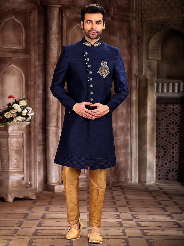 Embroidered Art Silk Sherwani With Aligarhi Pant With Indo Western Style For Wedding Reception Groom Wear
