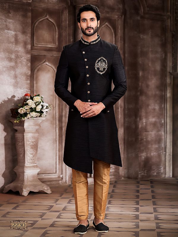 Majestic Embroidered Art Silk Sherwani With Aligarhi Pant For Indo Western Wedding Splendor