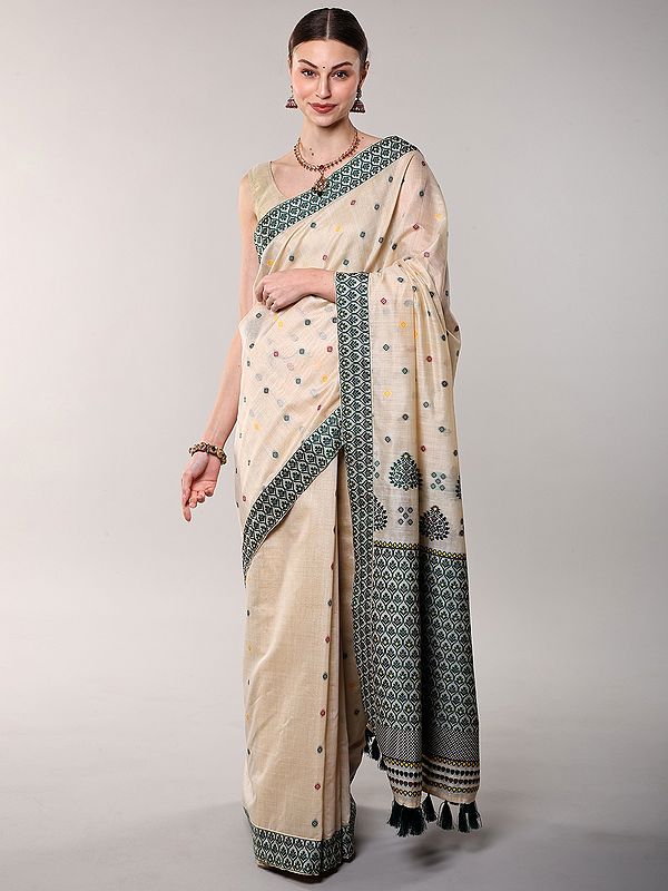 Alabaster-Gleam Pure Cotton Bootis woven Saree with Tassels Border from Assam
