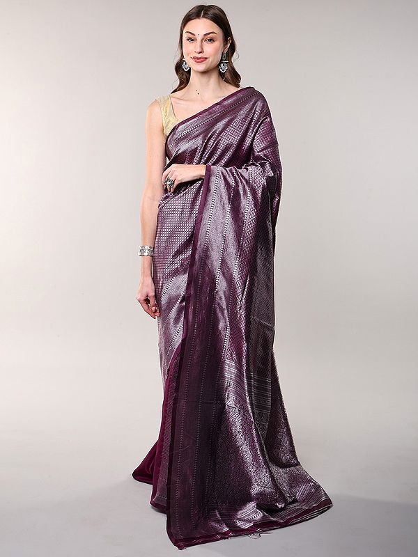 Plum-Purple Art Silk Saree with Woven Diamond Pattern All-Over and Paisley on Anchal