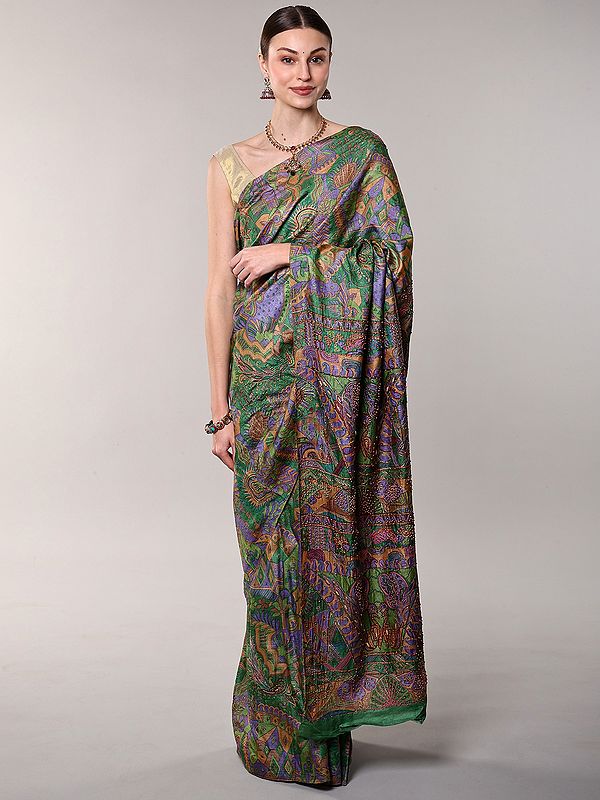 Multicolor Printed Crepe Saree with Thread and Bead Embroidery