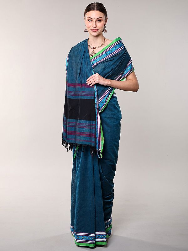 Colonial-Blue Cotton Saree from Bengal with Stripes woven Border and Pallu