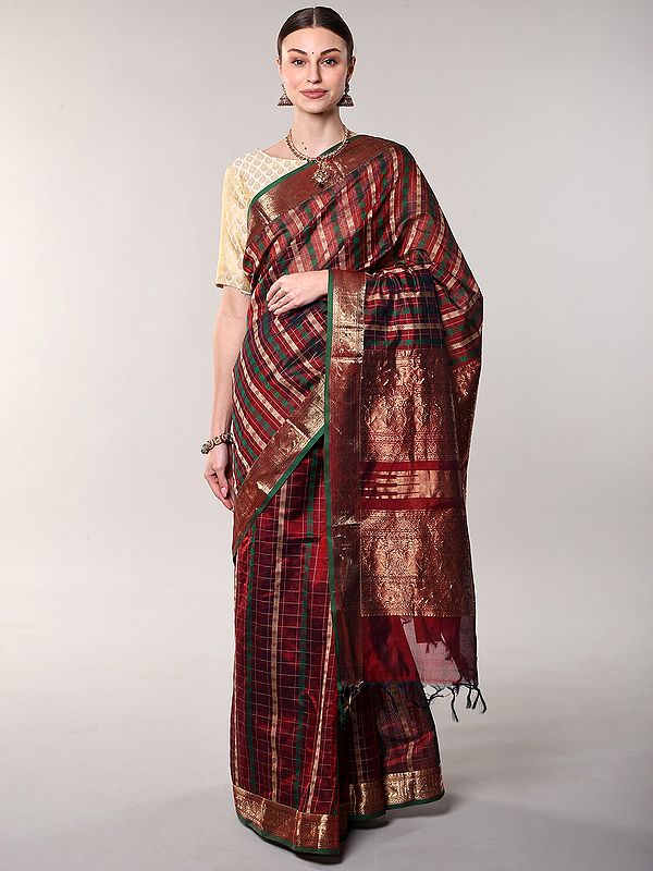 Karanda-Red Handloom 1000 Butta Saree with Woven Chakras and Peacocks from Paramakudi