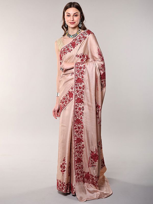 Pink-Tint Saree with Aari Embroidered Floral Border and Pallu from Kashmir