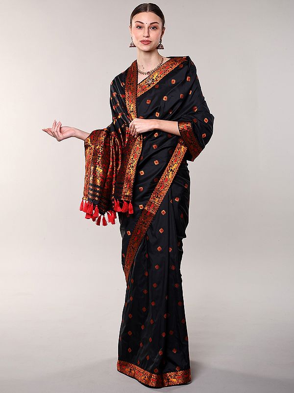 Jet-Black Pure Silk Saree with Woven Bootis in Copper Colored Thread work and Animal Pallu from Aasam