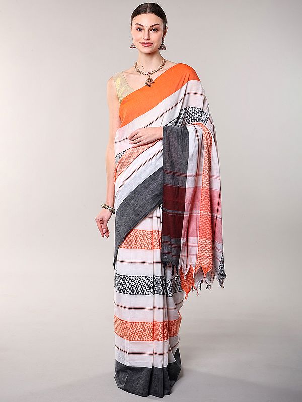 Snow-White Cotton Saree with Woven Dimond Patterns and Multi Stripes from Aasam