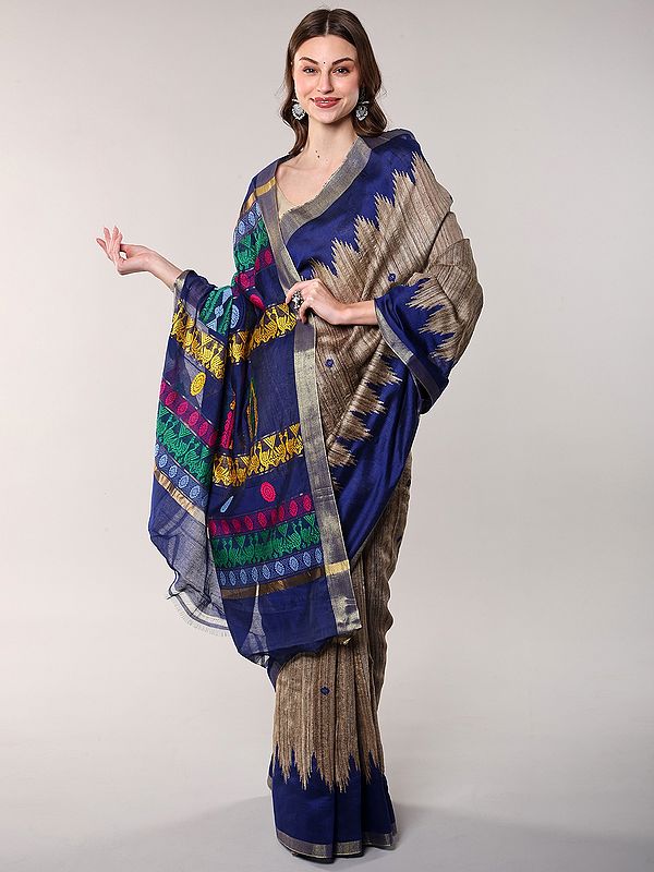 Trench-Coat Handloom Saree with Contrast Temple Border and woven Ethnic Motifs from Chhattisgarh