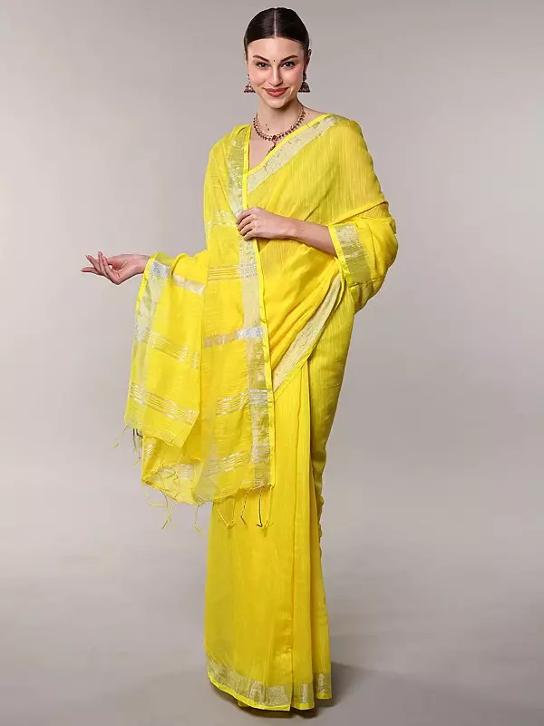 Empire-Yellow Cotton Saree from Bengal with Silver Zari Thread woven Border and Stripe Pallu
