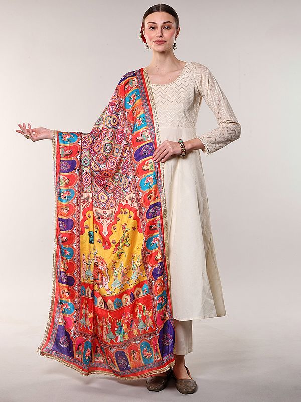 Printed Marriage Procession Dupatta from Amritsar with Bead-Mirror work and Lace Border