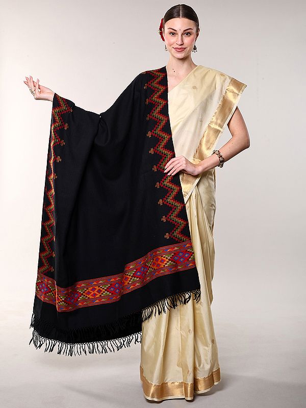 Black-Onyx Wool Shawl with Multicolor Woven Kinnauri Border from Kullu