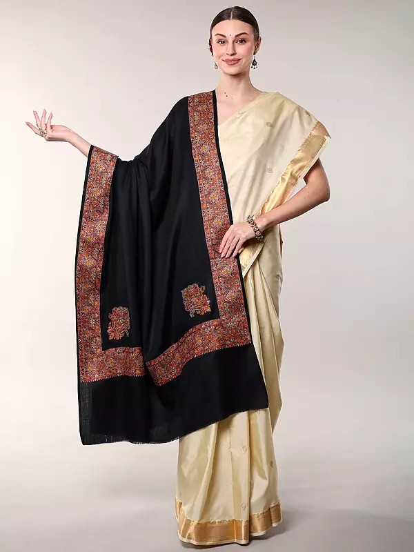 Wool Shawl with Floral Embroidered Border and Paisley on Corners from Amritsar