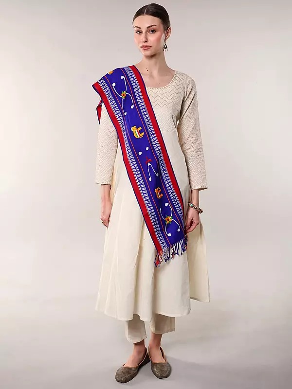 Mazarine-Blue Leirum Scarf from Nagaland with Embroidered Elephants