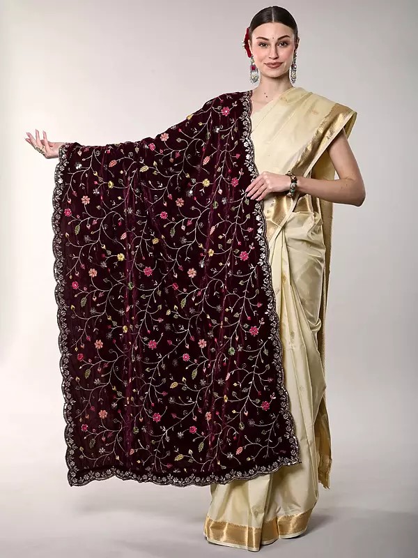 Red Velvet Dupatta with Zari-Sequins Embroidered Floral Vines and Scalloped Border