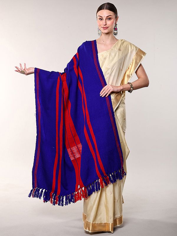 Spectrum-Blue Folk Shawl with Woven Stripes from Nagaland
