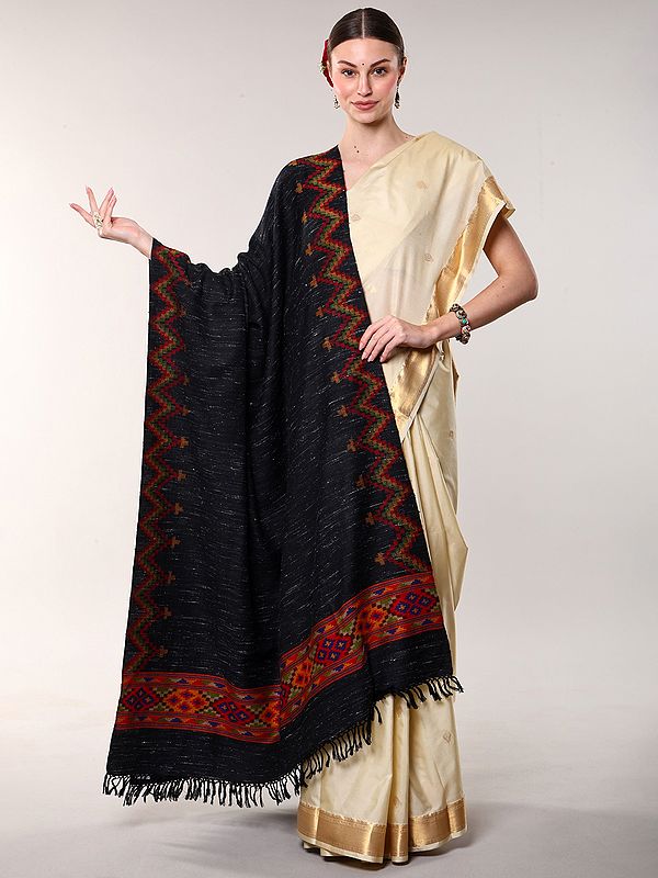 Bristol-Black Kullu Shawl with Kinnauri Woven Border in Multicolor Thread