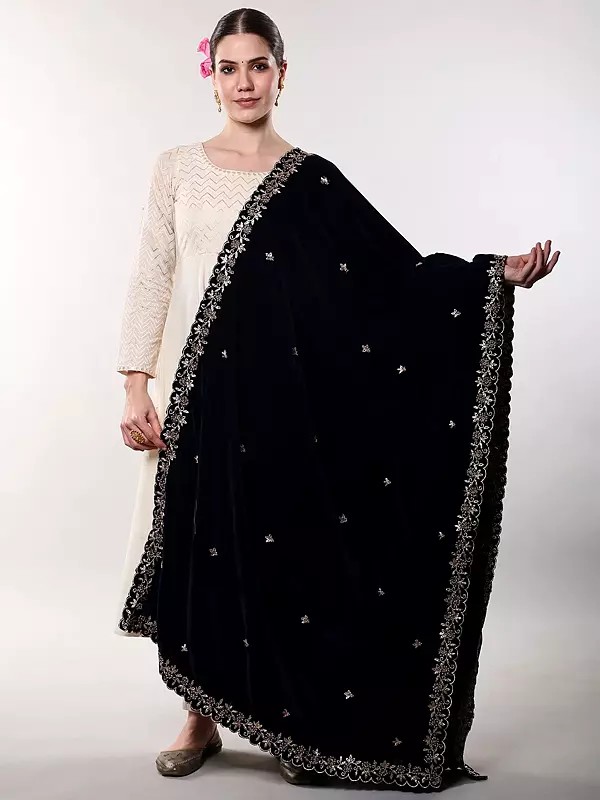 Velvet Dupatta with Zari-Beads Embroidered Bootis and Floral Vine Scalloped Border